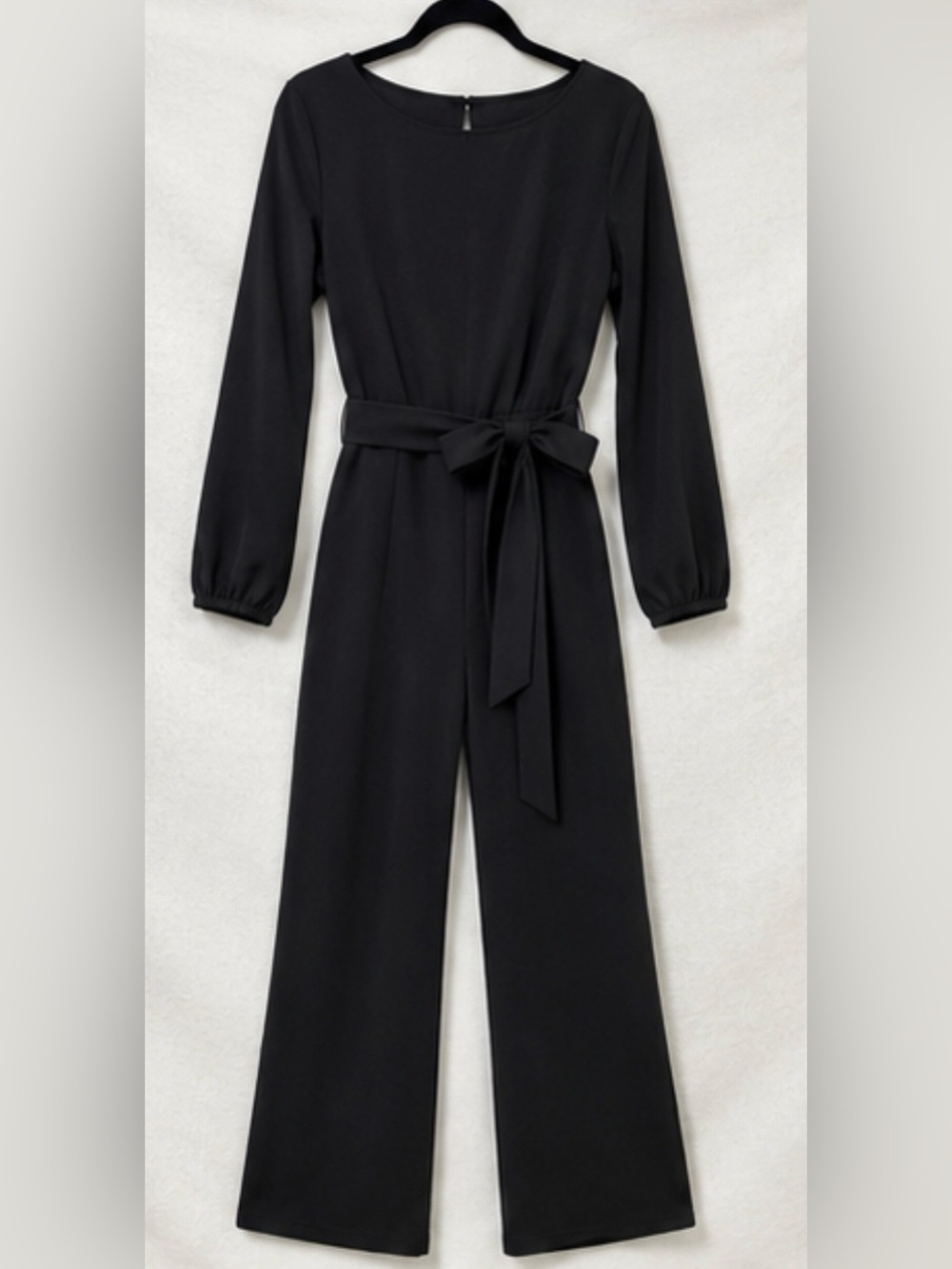 Sleek Black Long-Sleeve Wide-Leg Jumpsuit with Self-Tie Belt